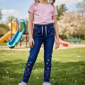 Loom Park Girls Embroidered Denim Jeans Size 10 Blue Floral Butterfly Heart Hem